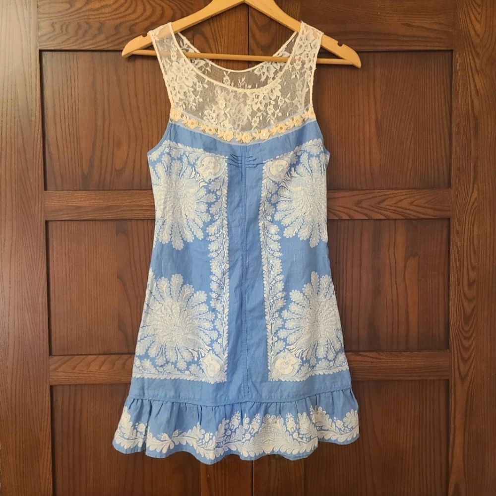 Vintage Free People Blue & White Lace Trim Linen Mini Shift Dress Y2K - Picture 2 of 8